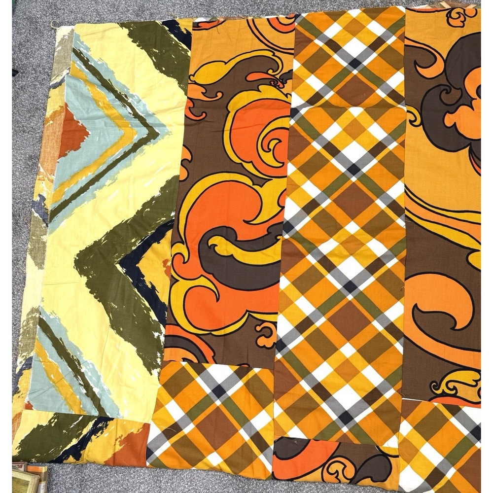 VTG 70's Crazy Multi-Color Quilt Top Unfinished Fabric 77x98 Approx. Craft